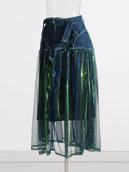 Denim Shiny Waisted Skirt A-Line Green Belted Chic High Tulle