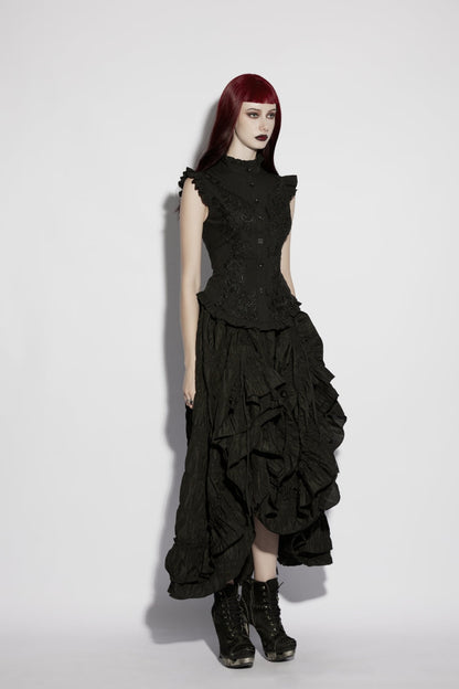 Elegant Black Gothic Blouse for Women, Ruffled with Embroidery and Lace-Up