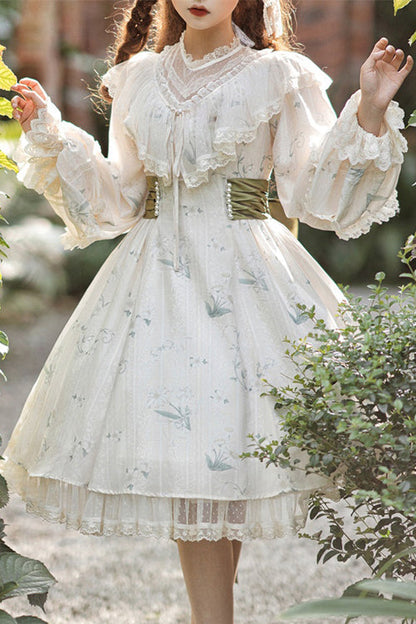 Floral Print Sweet Lolita OP Dress with Ruffled Lantern Sleeves & Lace Round Collar, Cream