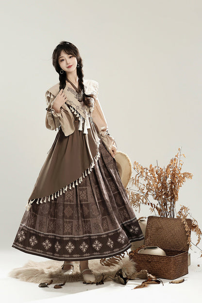 Mysterious Tribe Lantern Sleeve Chinese Style Lolita Dress - Asymmetric Ruffle