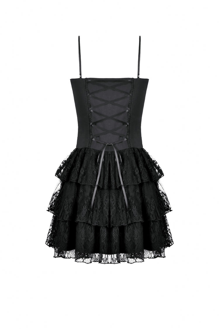 Crimson & Obsidian Sleeveless Multi-Layered Lace Lace-Up Grunge Cake Slip Dress