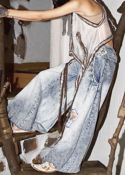 Pants Spring Wide Blue Leg Denim Style Light Waist High Ripped