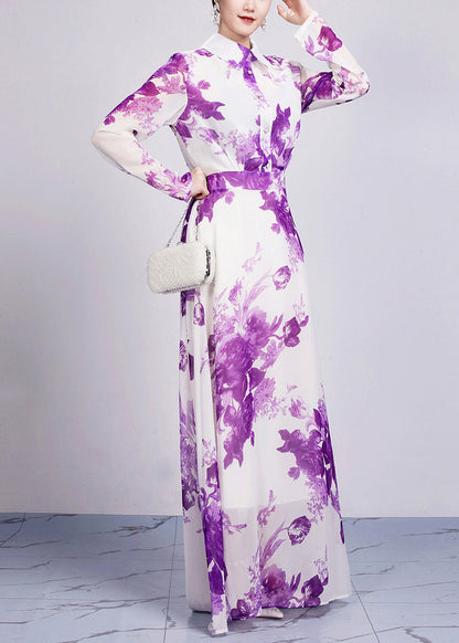 Beautiful Purple Peter Pan Collar Print Chiffon Maxi Dresses Long Sleeve AR1029