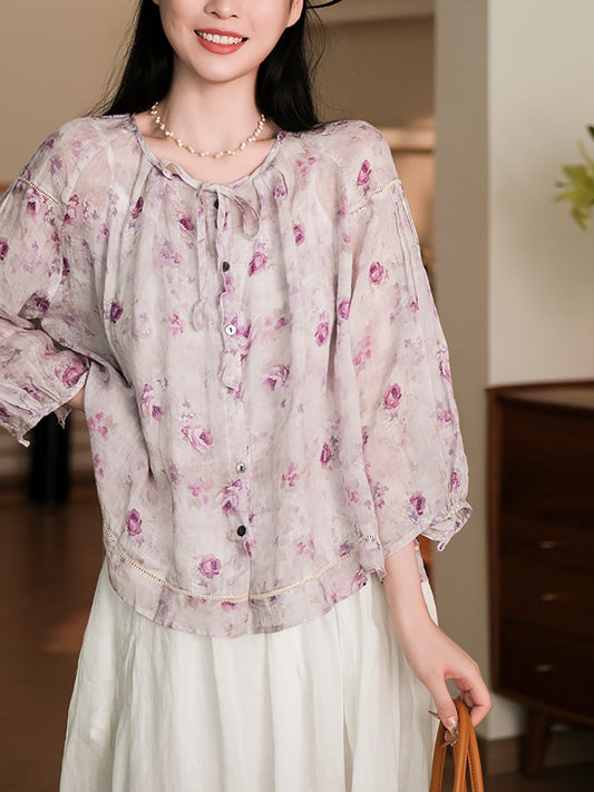 Women Summer Vintage Flower Button-Up Ramie Shirt RR1013