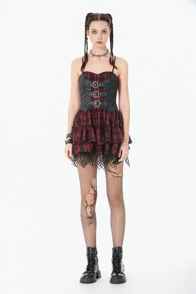 Crimson & Charcoal Tartan Leather Multi-Tier Ruffled Punk Sweetcore Slip Dress