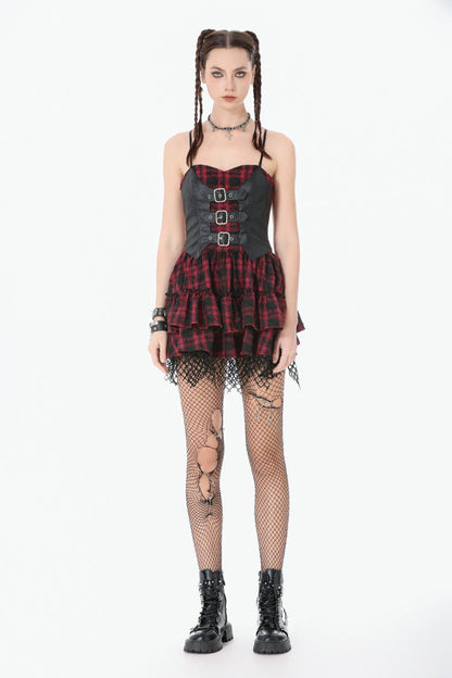 Crimson & Charcoal Tartan Leather Multi-Tier Ruffled Punk Sweetcore Slip Dress