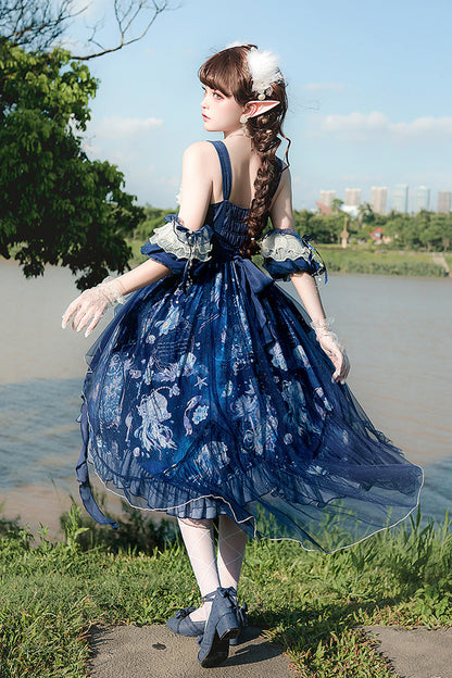Azure Deep Sea Jellyfish Print Ruffle Lace Sweet Elegant Lolita Jumper Dress