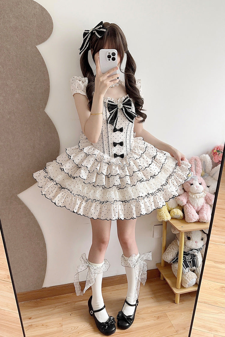 Sweet Princess Lolita JSK Gown with Polka Dots, Ruffles & Sleeveless Bow