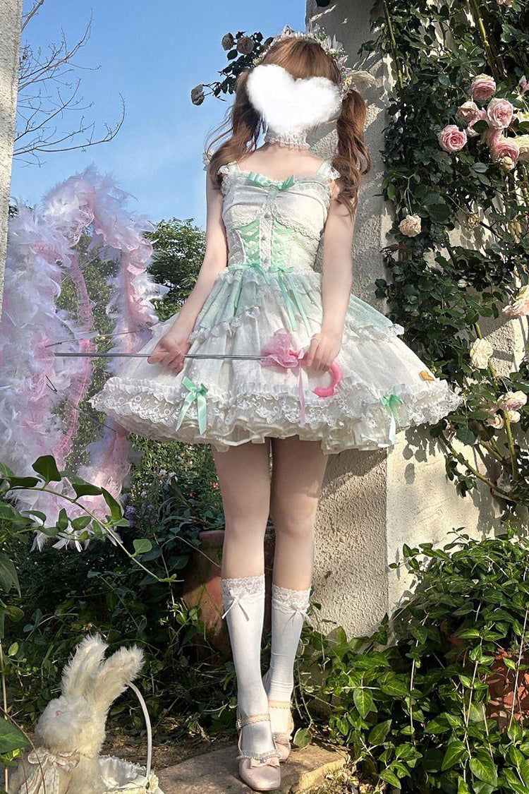 Emerald Leiffu Sleeveless Ruffle Bow Lace-Up Ballet JSK Dress