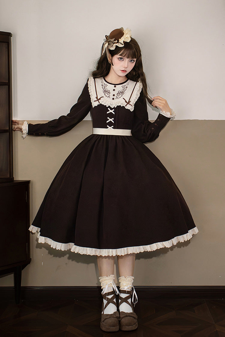 Rustic Brown Embroidered Ruffle Sleeve Sweet Lolita Gown - Miss Brown