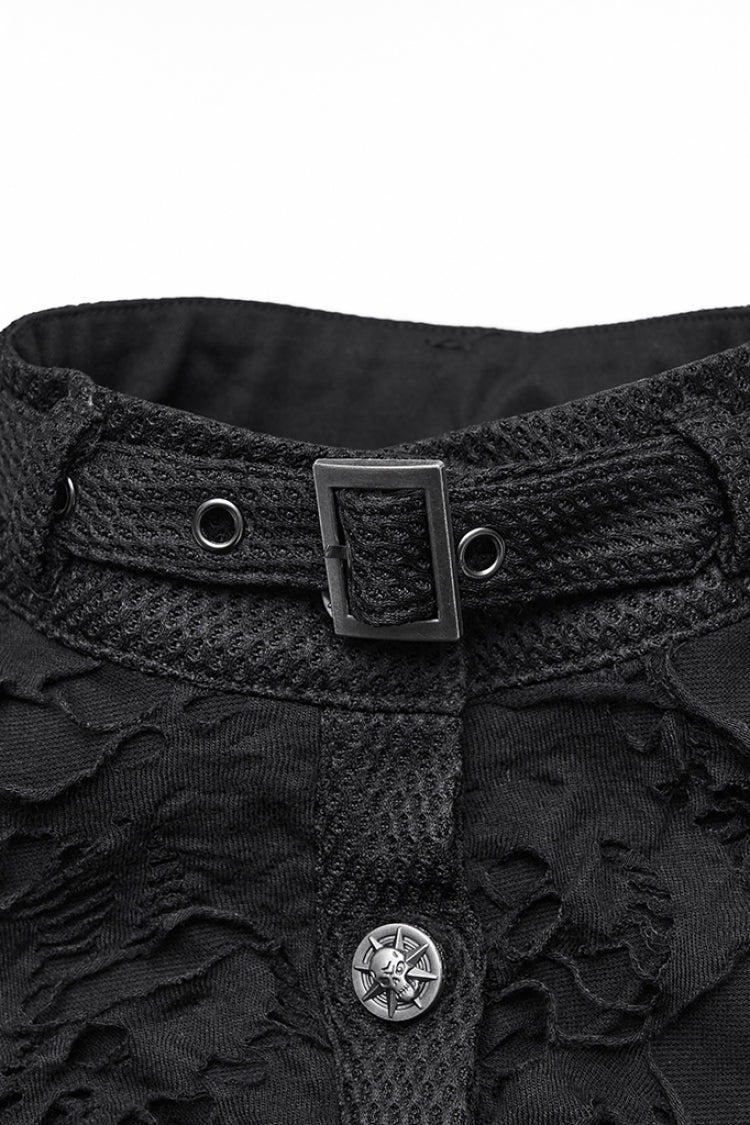 Women's Black Punk Short Vest, Ripped with Buckle Details