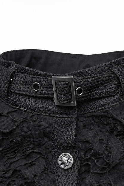 Women's Black Punk Short Vest, Ripped with Buckle Details