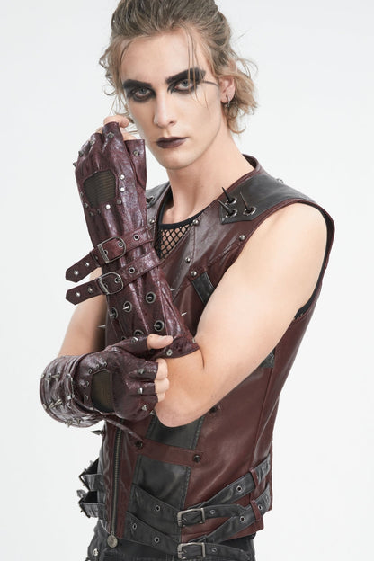 Crimson Punk Half-Finger Gloves with Mesh, Studs, and Buckles