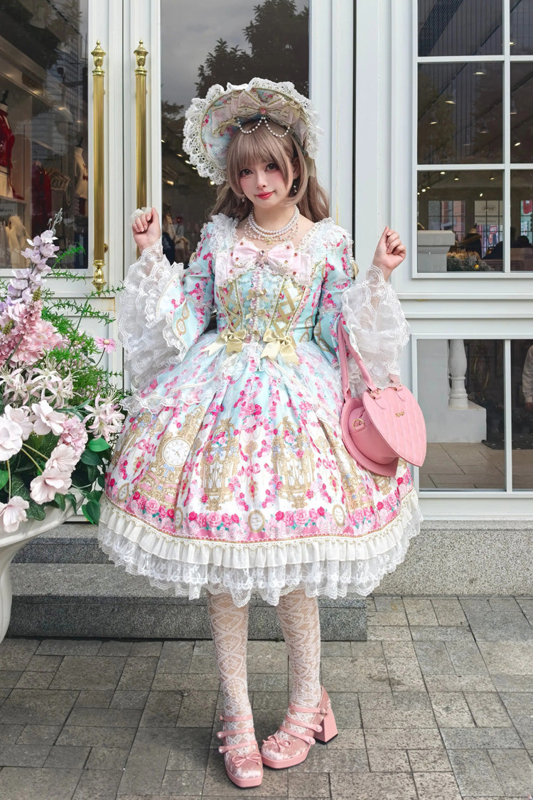 Square Collar Long Trumpet Sleeve Printed Ruffled Bow Lace-Up Sweet Lolita Dress in Mint Green/Pink - Rose Garden Prelude