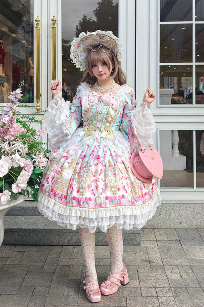 Square Collar Long Trumpet Sleeve Printed Ruffled Bow Lace-Up Sweet Lolita Dress in Mint Green/Pink - Rose Garden Prelude