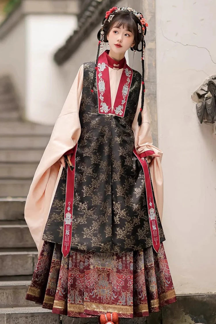Crimson & Charcoal Round Neck High-Waist Embossed Hanfu Ensemble Three-Piece