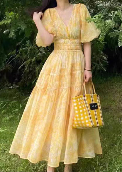 Print Bohemian Long Yellow V Neck Summer Dress Chiffon