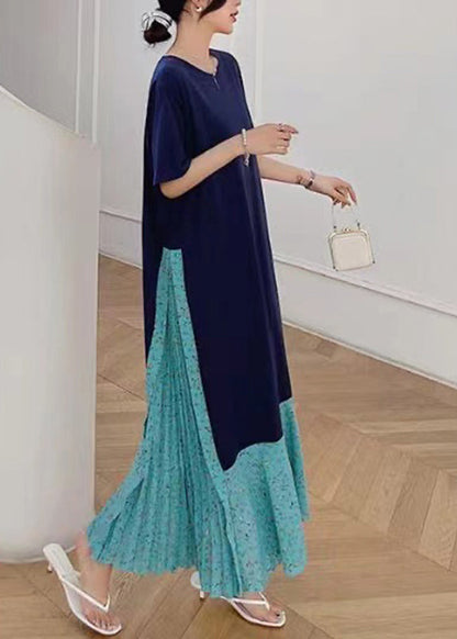 Robe longue à imprimé patchwork bleu marine à manches courtes en deux pièces TT1041 