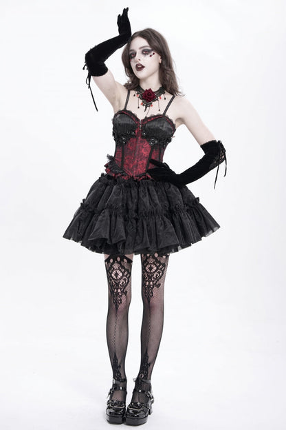 Crimson Gothic Tank Top with Lace-Up Embroidery and Ruffle Trim