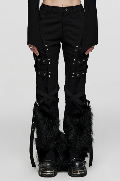 Women's Steampunk Fluffy Pants with Eyelet Stitching and Metal Mesh