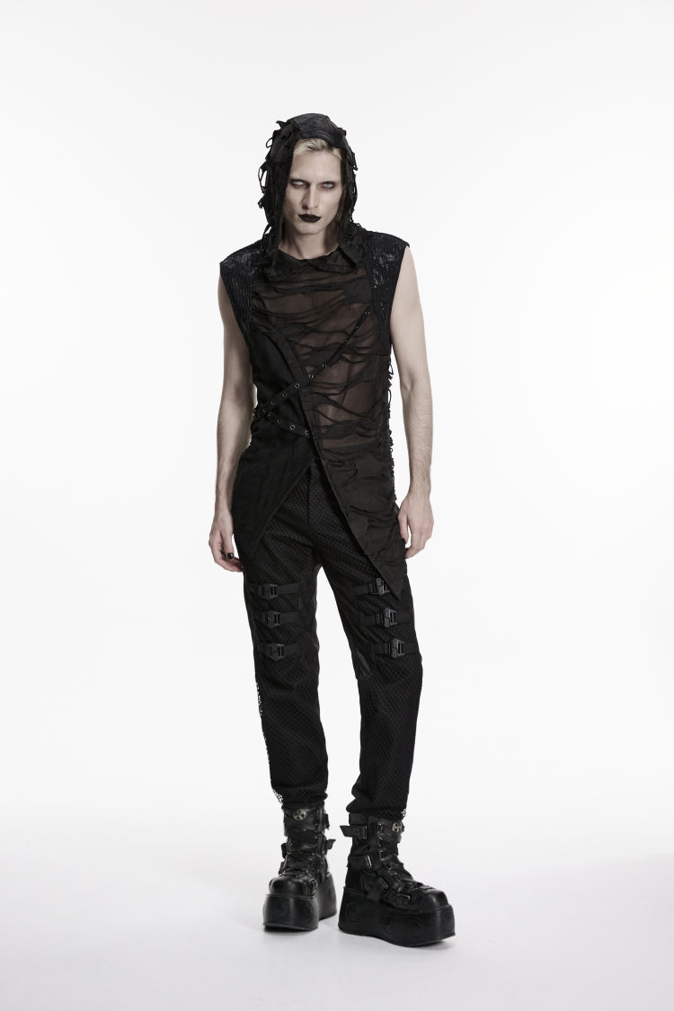 No-Sleeve Lace-Up Sheer Asymmetric Eyelet Punk Waistcoat