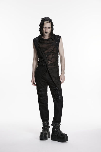 No-Sleeve Lace-Up Sheer Asymmetric Eyelet Punk Waistcoat