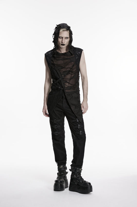 No-Sleeve Lace-Up Sheer Asymmetric Eyelet Punk Waistcoat