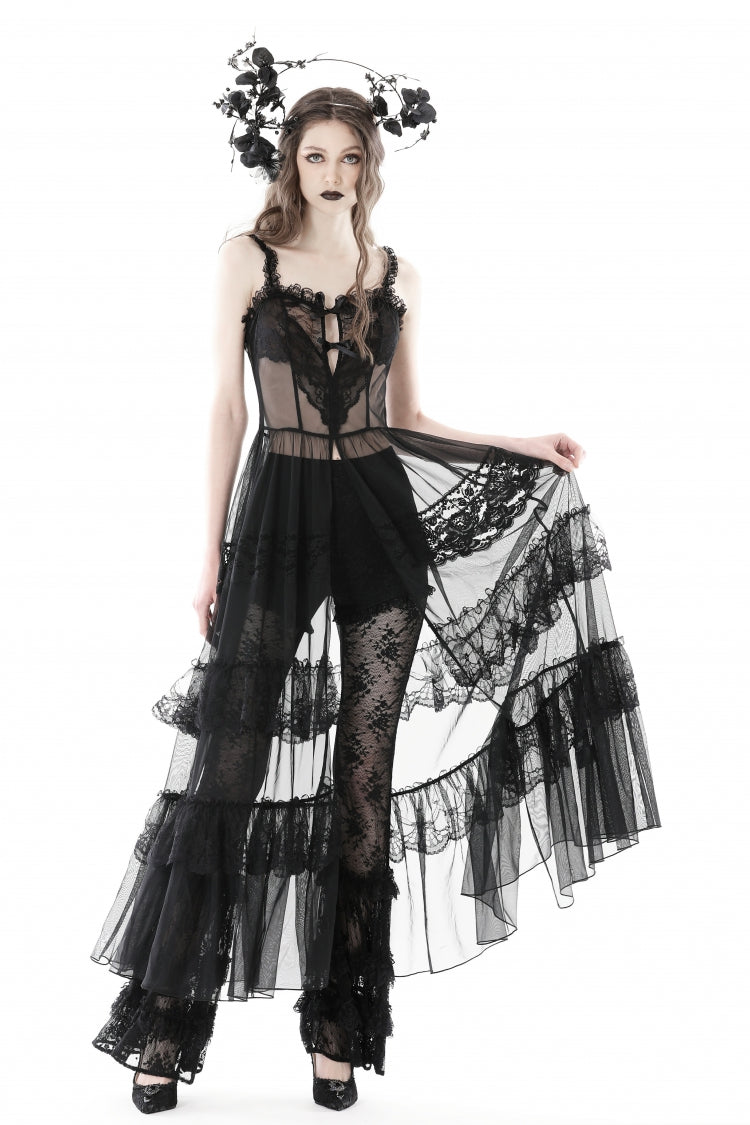 No-Sleeve Layered Lace Sheer Mesh Gothic Slip Gown