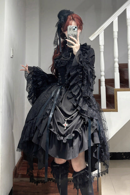 Gothic Lolita Skirt Dress Set with Long Hime Sleeves and Bow in Black