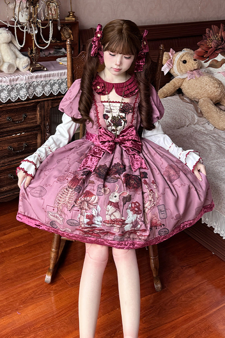 Crimson Sweet Lolita Dress with Rabbit Sunflower Print and Bow Embroidery