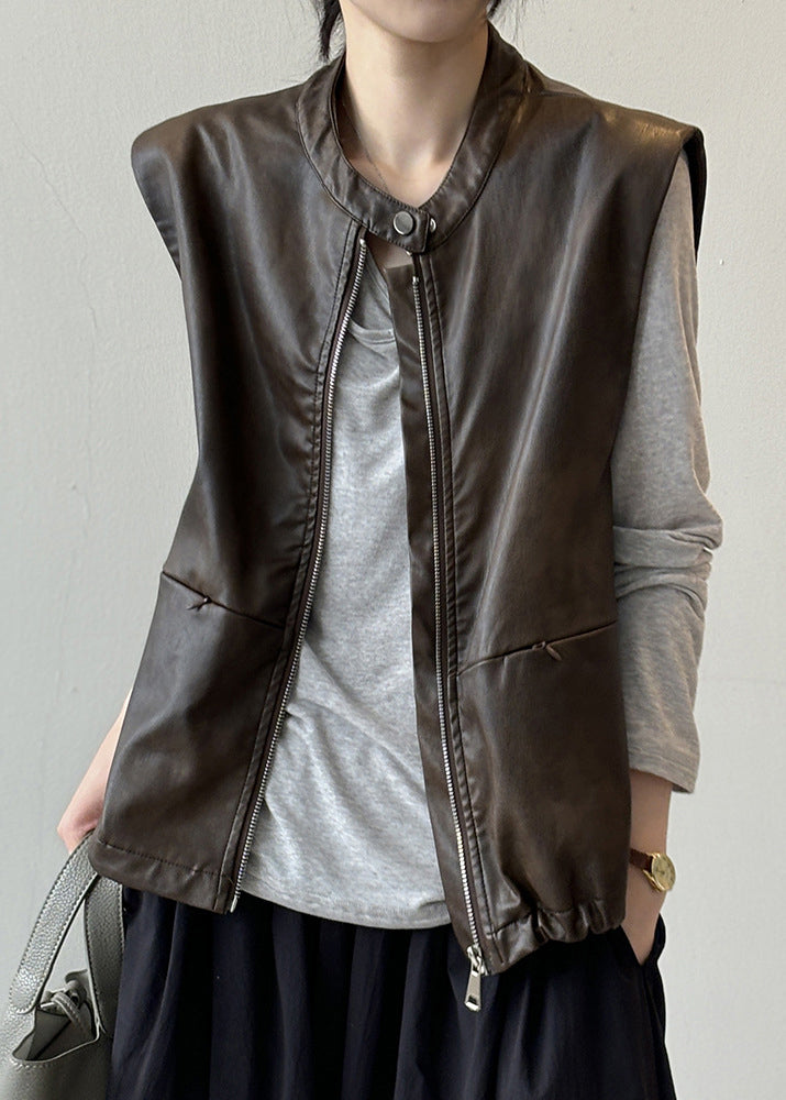 Style Coffee Zip Up Faux Leather Vest Tops Sleeveless WD014