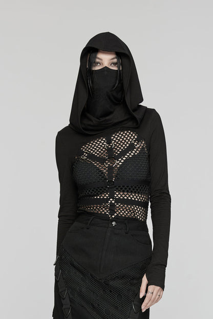 Ebony Long-Sleeve Hooded Sheer Punk Tee
