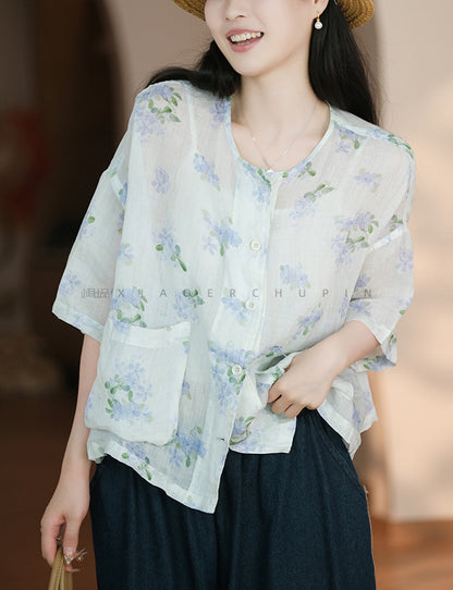 Women Summer Artsy Flower Button-up Pocket Ramie Shirt CC047