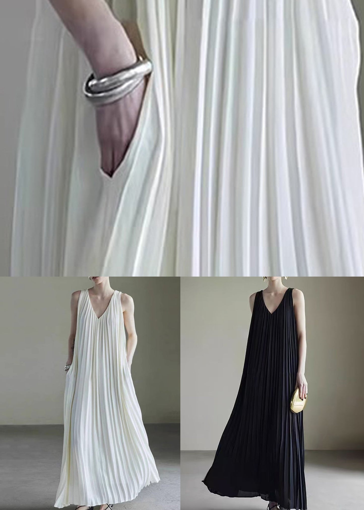 Wrinkled Long Dress Simple Neck V White Sleeveless Chiffon