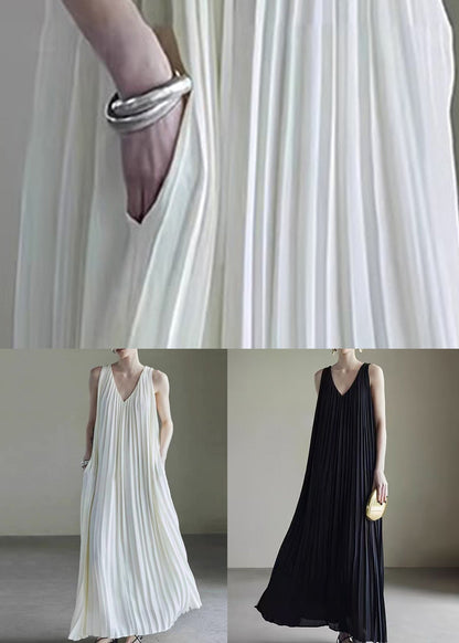 Wrinkled Long Dress Simple Neck V White Sleeveless Chiffon