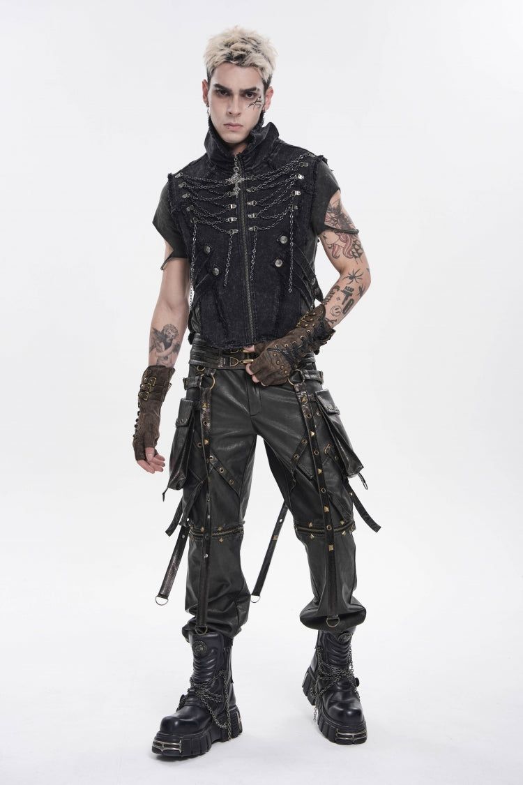 Edgy Black Punk Vest for Men, Sleeveless with Zippers and Chain Accents