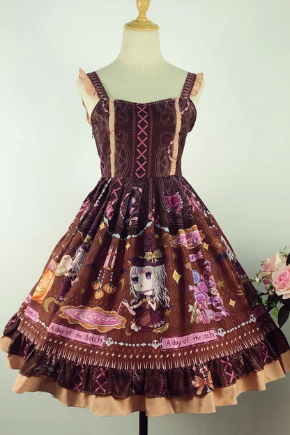 Little Witch Print Ruffle Bow Elegant Lolita Jumper Dress