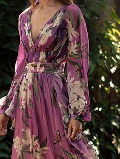 Floral Maxi V Pattern Neck Elegant Dress Butterfly