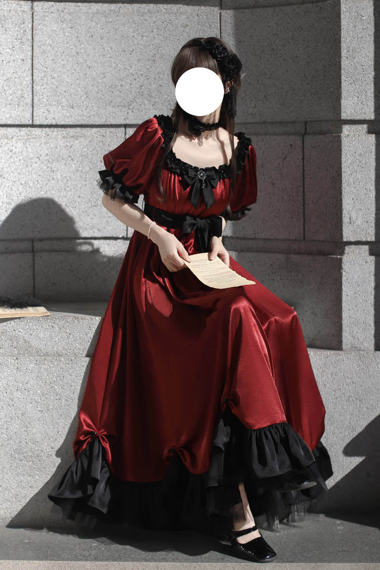 Crimson Square-Neck Vintage Lolita Dress with Ruffles and Bowknot