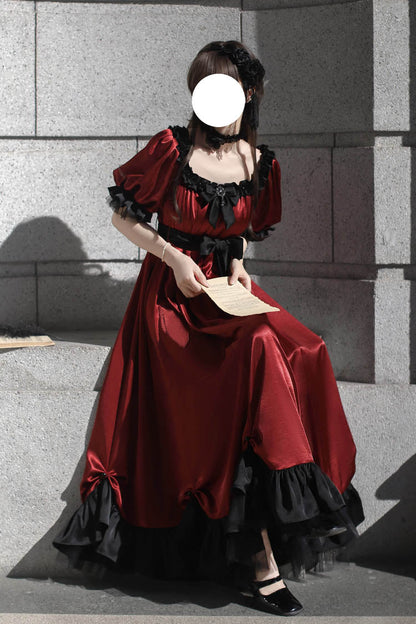 Crimson Square-Neck Vintage Lolita Dress with Ruffles and Bowknot