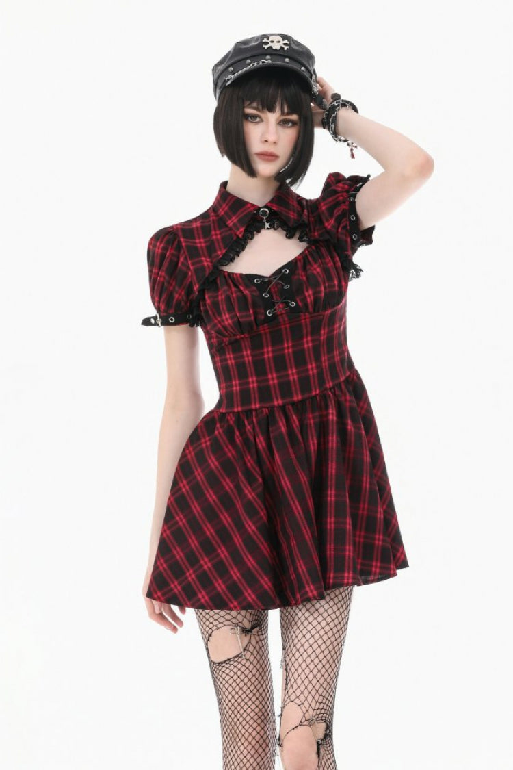 Crimson & Charcoal Tartan Notch Collar Cutout Short Sleeve Laced Punk Retro Mini Dress