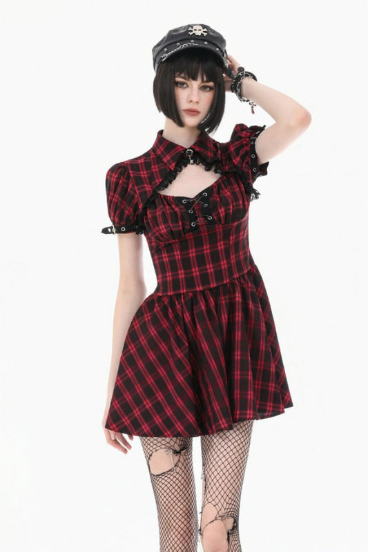Crimson & Charcoal Tartan Notch Collar Cutout Short Sleeve Laced Punk Retro Mini Dress
