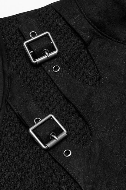 Women's Black Punk Vest, Mesh with Buckle and Stitched Collar