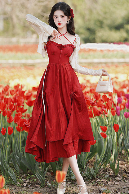 Crimson Classic Lolita JSK Dress with Double-Layered Ruffles and Rose Motif
