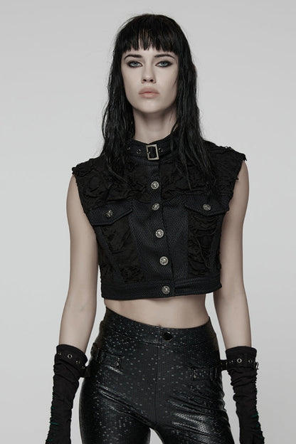 Women's Black Punk Short Vest, Ripped with Buckle Details