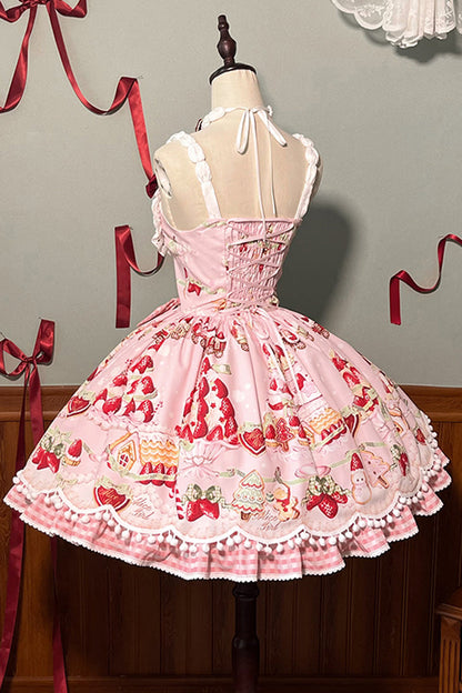 Natural Waisted Ruffle Bowknot Sweet Lolita JSK Dress with Strawberry Dessert Print - 4 Colors