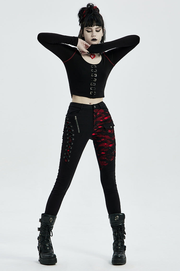 Lace-Up Stitching Drawstring Steampunk Skinny Jeans for Women - Two Shades