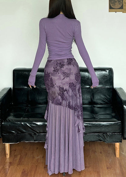 Tulle Skirts Purple Tops Novelty And Lace Patchwork Up Two-Piece