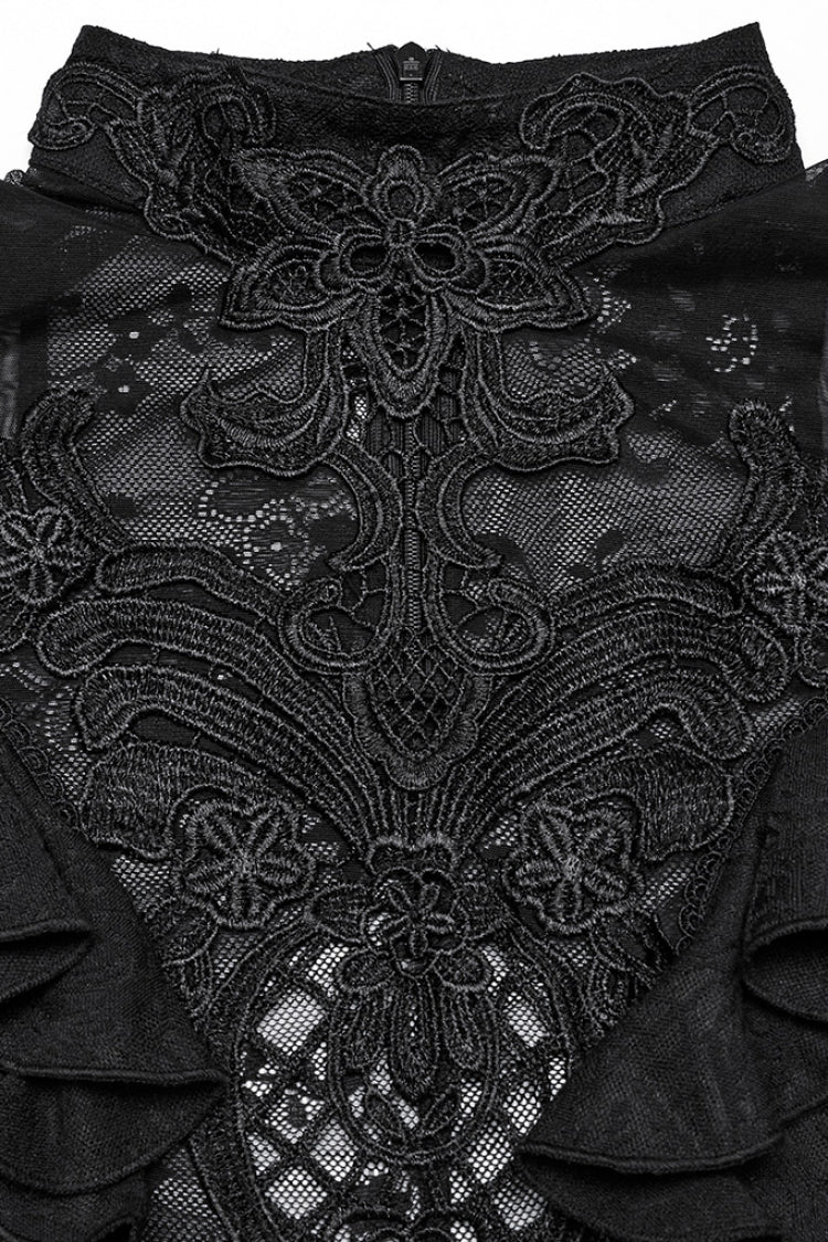 Ruffle Sheer Lace Gothic Blouse with Embroidery for Women