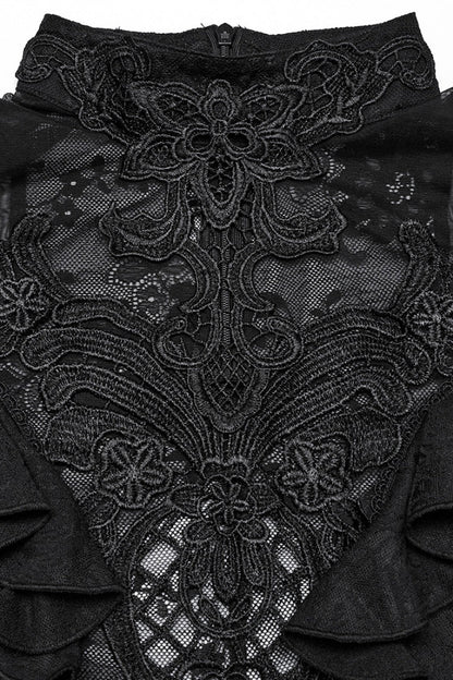 Ruffle Sheer Lace Gothic Blouse with Embroidery for Women